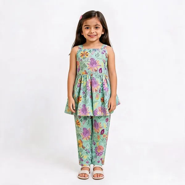 Blue_Cotton_Sleeveless_Floral_Tunic_And_Pant_Set_For_Girls
