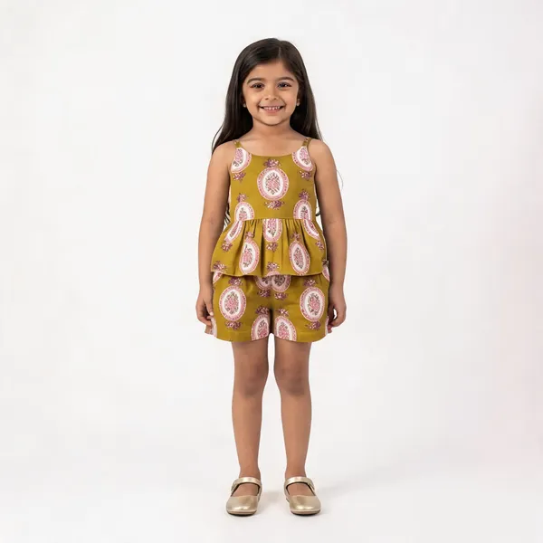 Olive_Cotton_Sleeveless_Paisley_Peplum_Top_And_Shorts_For_Girls
