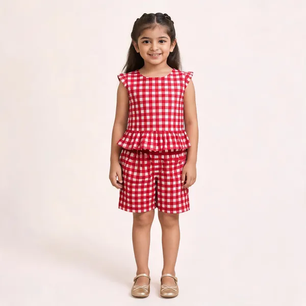 Red_Cotton_Checked_Ruffle_Sleeveless_Romper_For_Girls