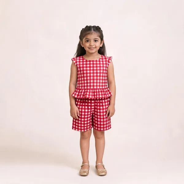 Red_Cotton_Checked_Ruffle_Sleeveless_Romper_For_Girls
