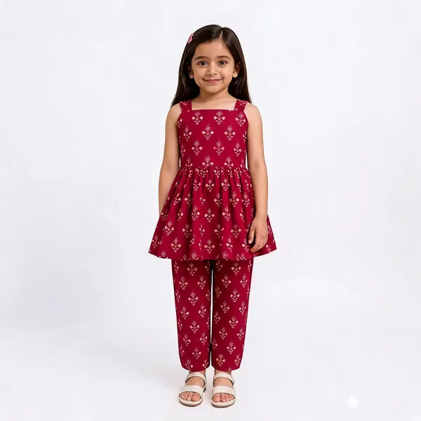 Maroon_Cotton_Printed_Sleeveless_Co-Ord_Set_For_Girls