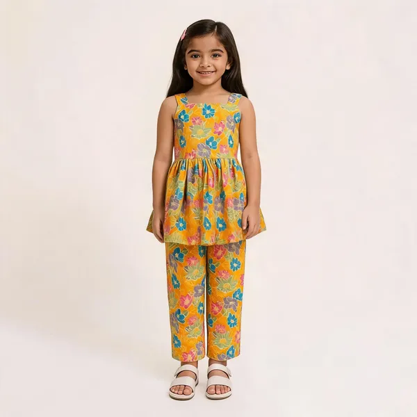 Yellow_Cotton_Floral_Print_Peplum_Co-Ord_Set_For_Girls