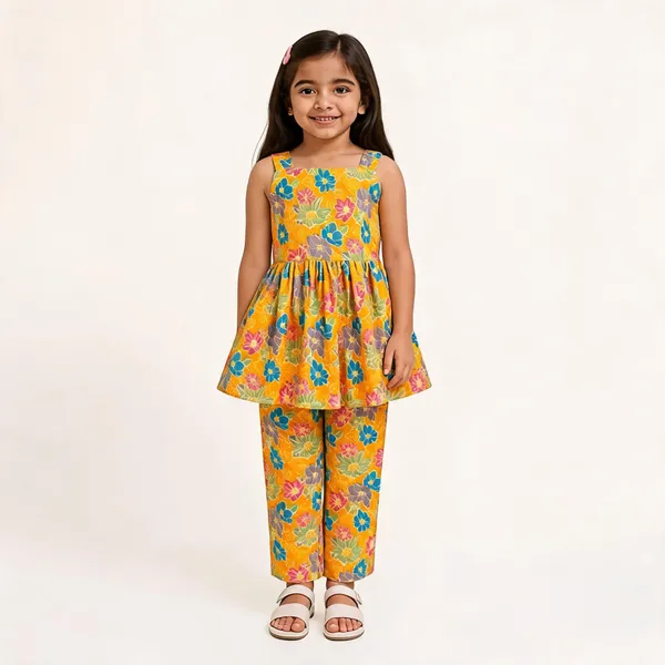 Yellow_Cotton_Floral_Print_Peplum_Co-Ord_Set_For_Girls