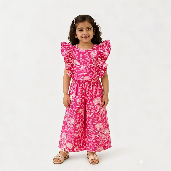 Pink_Cotton_Floral_Print_Ruffle_Sleeve_Jumpsuit_For_Girls