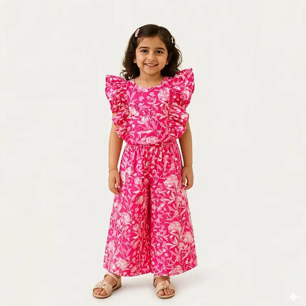 Pink_Cotton_Floral_Print_Ruffle_Sleeve_Jumpsuit_For_Girls