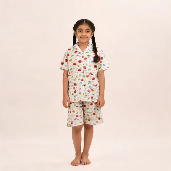 White_Cotton_Short_Sleeve_Fruit_Print_Pajama_Set_For_Women