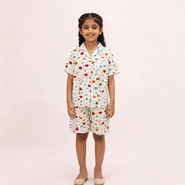 White_Cotton_Short_Sleeve_Fruit_Print_Pajama_Set_For_Women