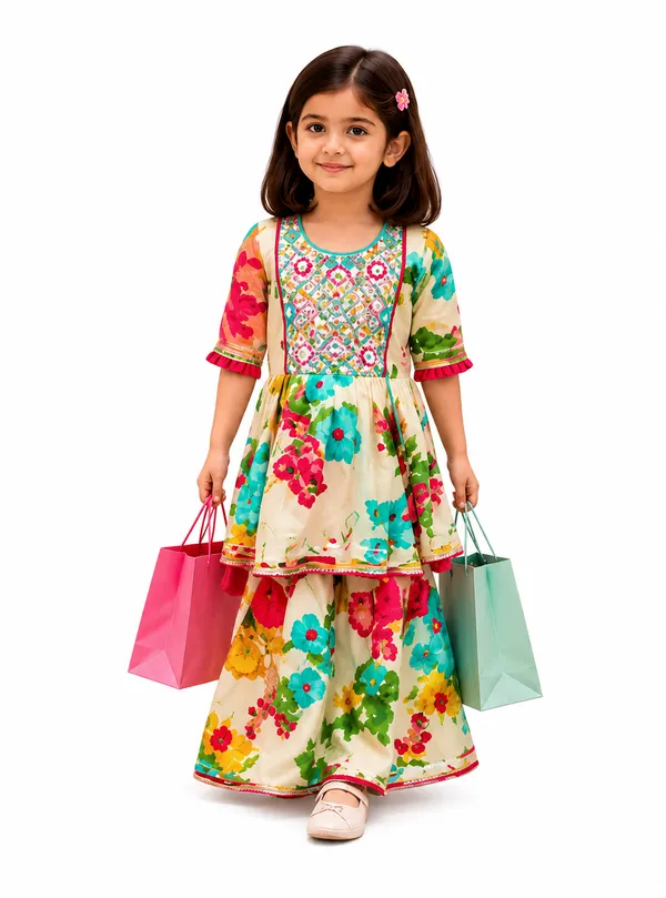 Cream_Floral_Print_Kurta_Set_for_Girls
