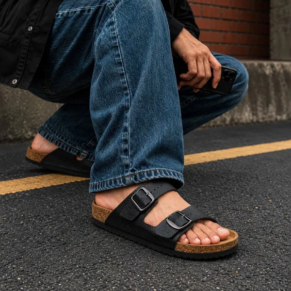 Premium_Two_Strap_Cork_Footbed_Slip_On_Sandals_Black