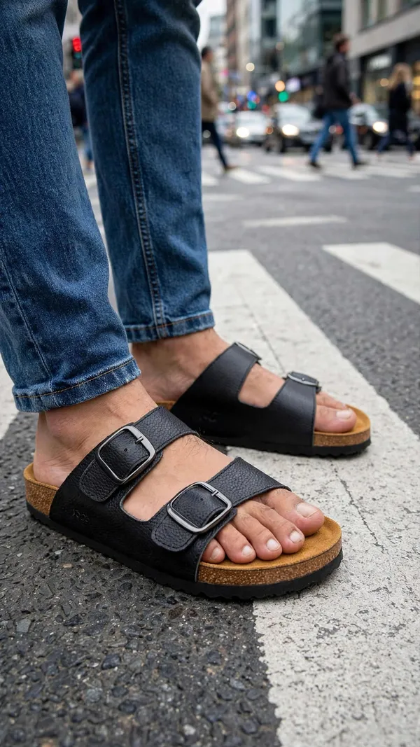 Premium_Two_Strap_Cork_Footbed_Slip_On_Sandals_Black