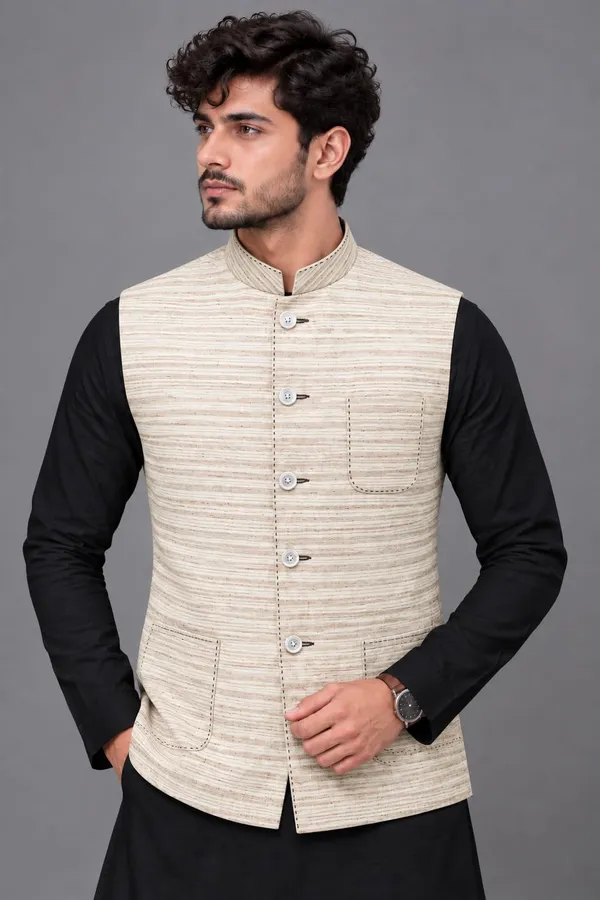 Mtora_Chawal_Taka_Embroidered_Premium_Khadi_Nehru_Jacket_,_Koti,_Men'S_Ethnic_Wear,_3_Patch_Pocket,_Natural_Stone_Wave_Heritage_Look