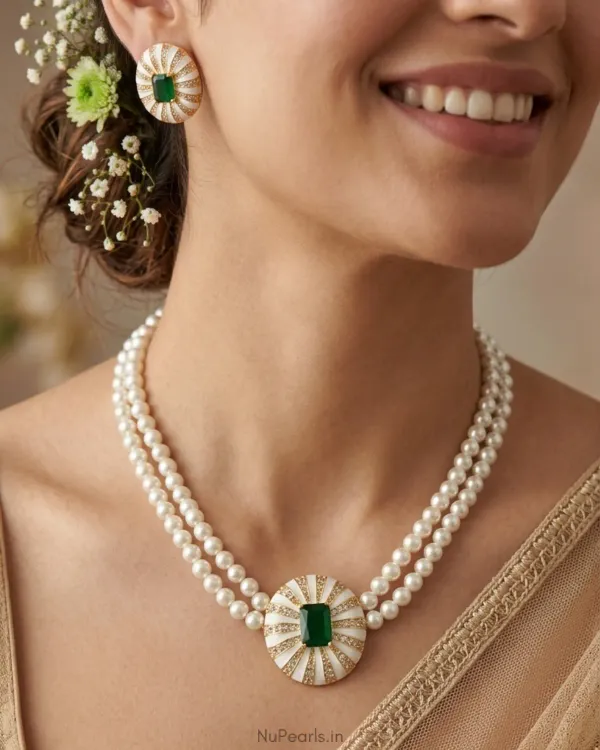 White_Green_Ad_Ida_Enamel_Pearl_Necklacewith_Ad_Back_Clasp_Matching_Earr_More