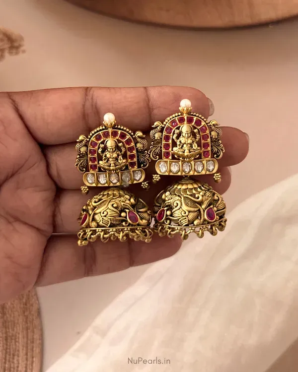 Red_Ragini_Temple_Lakshmi_Antique_Gold_Jhumka_Earrings