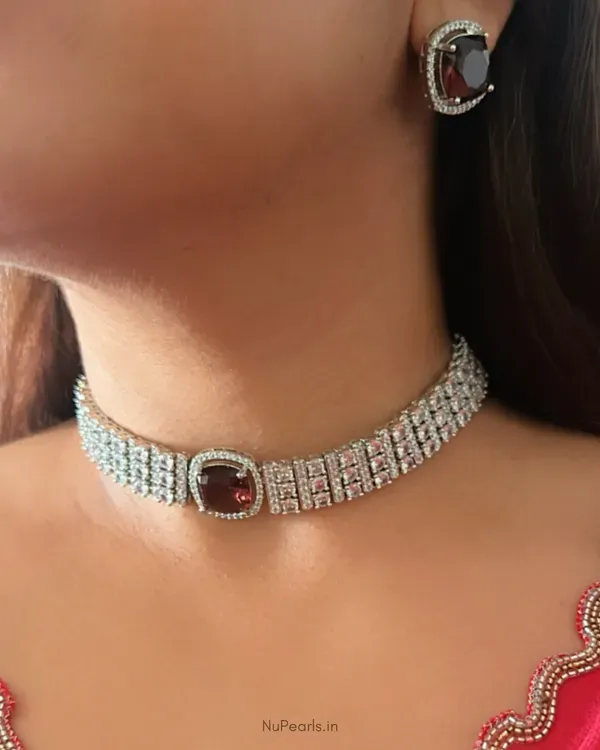 Brown_Savi_Cz_Studded_Choker_With_Studs_Rhodium_Jewellery_Set_For_Women