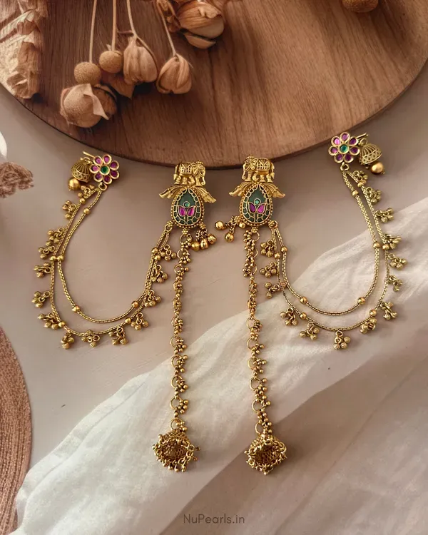 Green_Pink_Bhairavi_Kashmiri_Ear_Chain_Ghunghroo_Long_Earrings