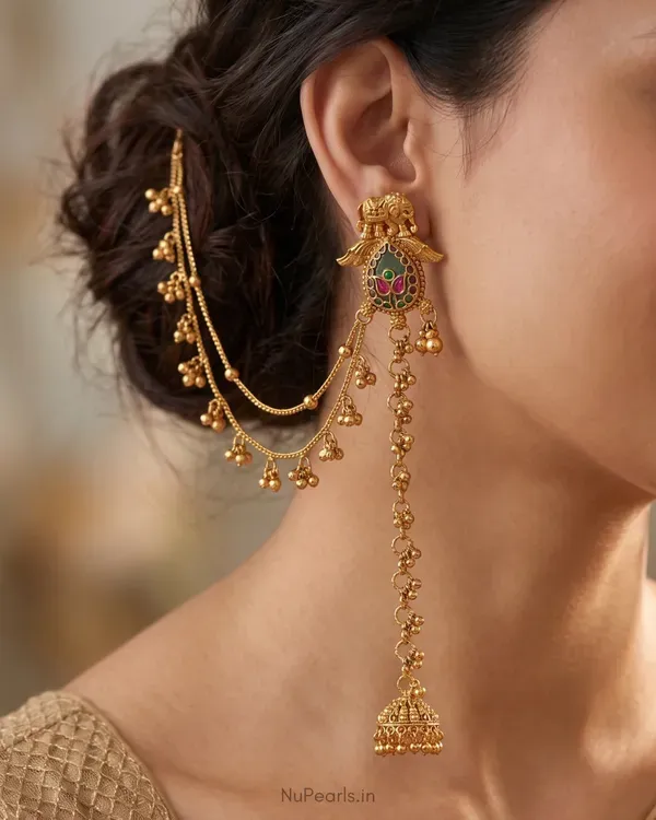 Green_Pink_Bhairavi_Kashmiri_Ear_Chain_Ghunghroo_Long_Earrings
