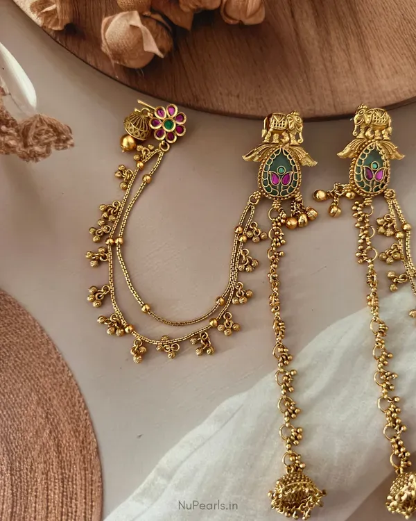 Green_Pink_Bhairavi_Kashmiri_Ear_Chain_Ghunghroo_Long_Earrings