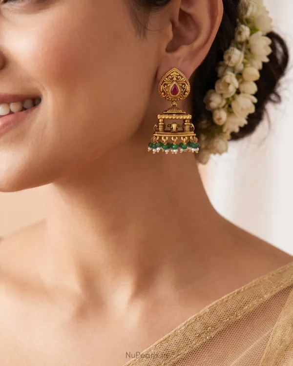 Green_Red_Swara_Temple_Antique_Gold_Jhumka_Earrings_With_Elephant_Motif