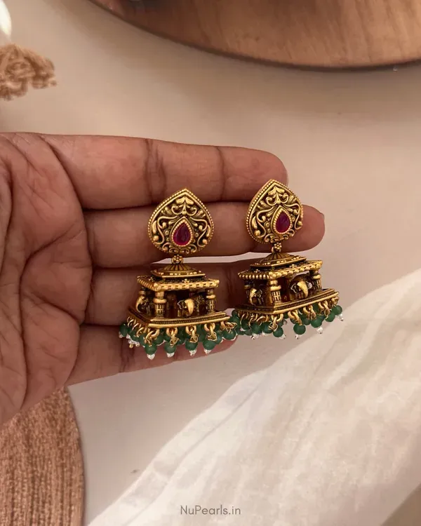 Green_Red_Swara_Temple_Antique_Gold_Jhumka_Earrings_With_Elephant_Motif
