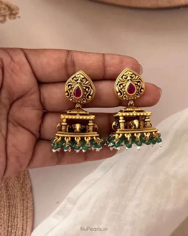 Green_Red_Swara_Temple_Antique_Gold_Jhumka_Earrings_With_Elephant_Motif