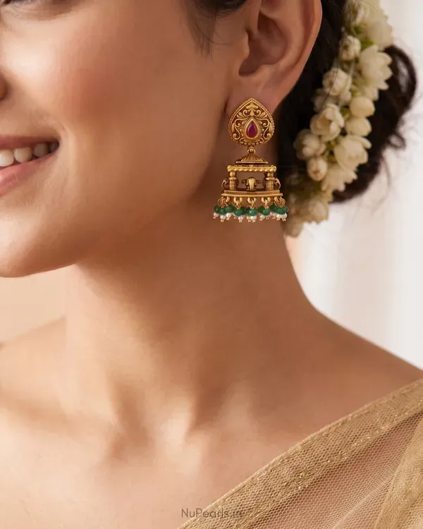 Green_Red_Swara_Temple_Antique_Gold_Jhumka_Earrings_With_Elephant_Motif