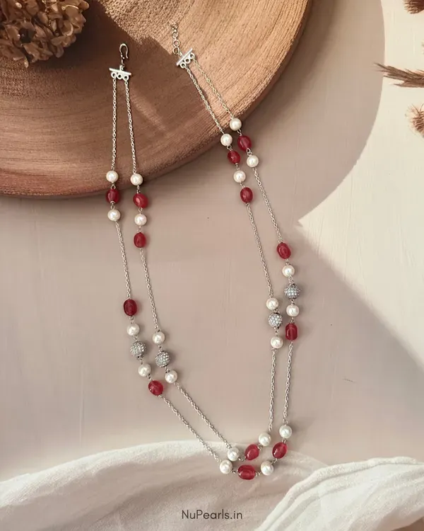 Red_Zoe_Pearl_Stone_Double_Layered_Mala_In_Silver_Chain_For_Women