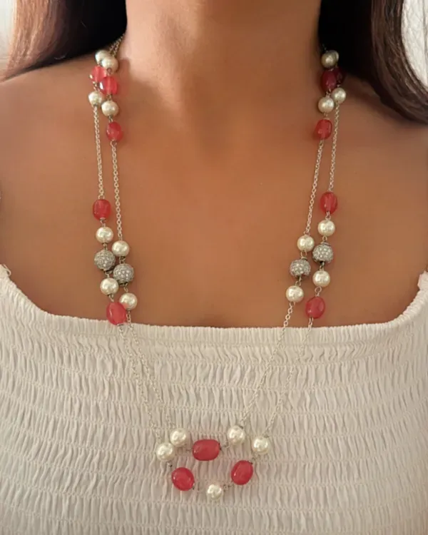 Red_Zoe_Pearl_Stone_Double_Layered_Mala_In_Silver_Chain_For_Women