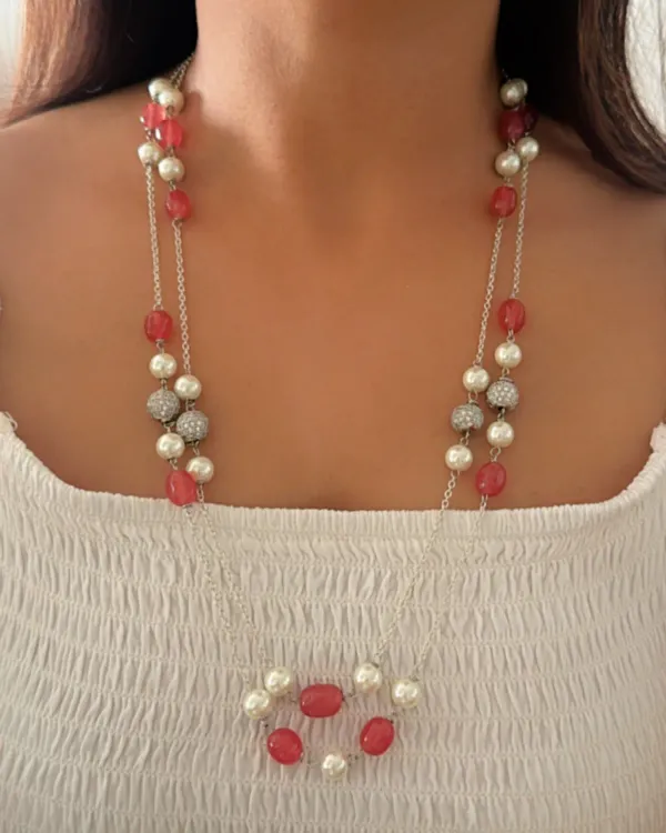 Red_Zoe_Pearl_Stone_Double_Layered_Mala_In_Silver_Chain_For_Women