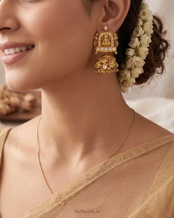 White_Ragini_Temple_Lakshmi_Antique_Gold_Jhumka_Earrings