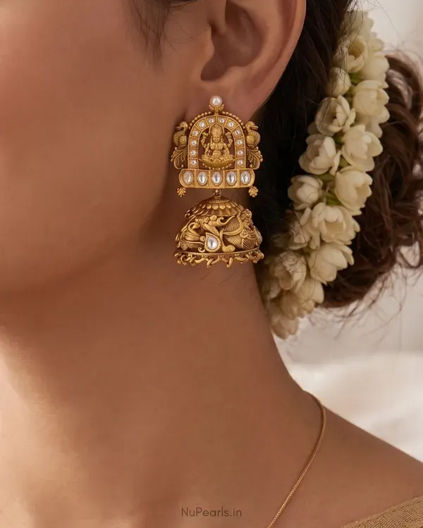 White_Ragini_Temple_Lakshmi_Antique_Gold_Jhumka_Earrings