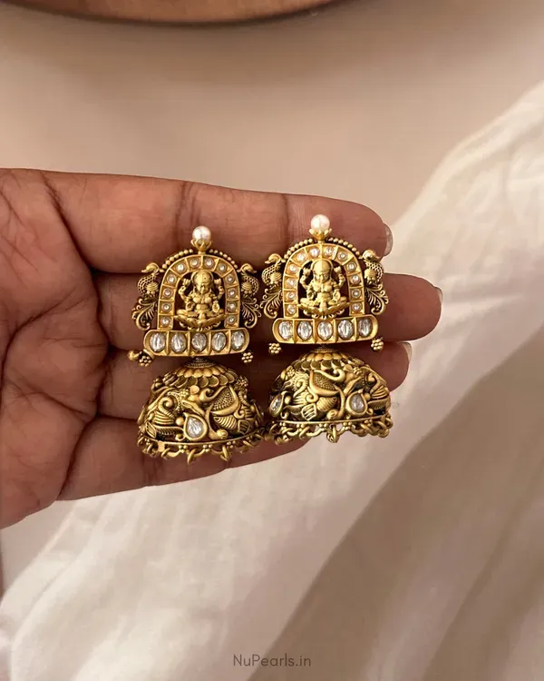 White_Ragini_Temple_Lakshmi_Antique_Gold_Jhumka_Earrings