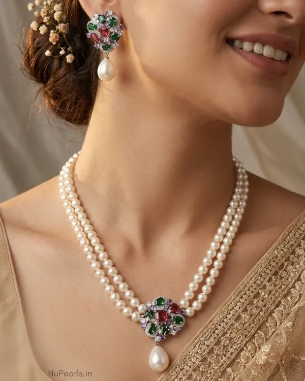 Multi_Nomi_Double_Layer_Pearl_Necklacewith_Ad_Back_Clasp_Matching_Earring
