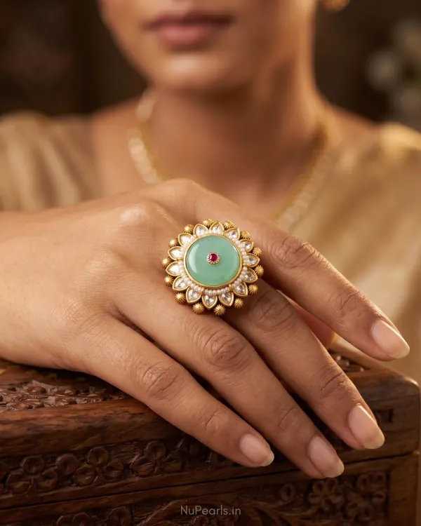 Ketaki_Antique_Gold_Mint_Green_Stone_Temple_Style_Elegant_Floral_Ring_Adju