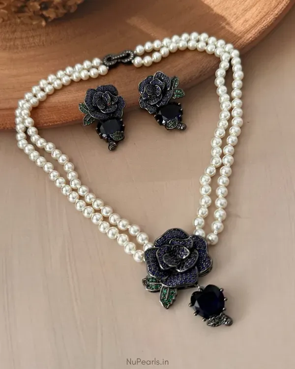 Blue_Rose_Pearl_Necklace_With_Ad_Back_Clasp_Matching_Earrings_Black_Poli