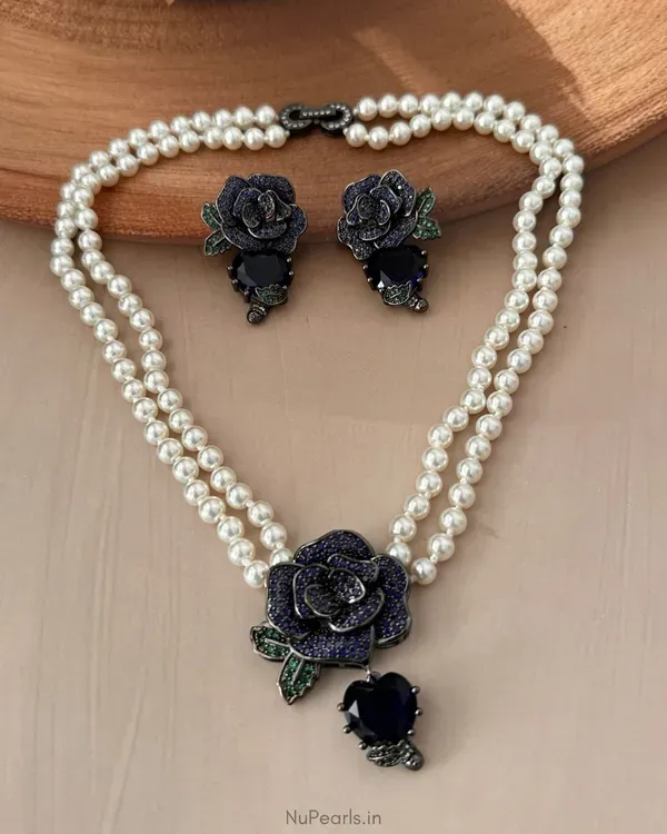 Blue_Rose_Pearl_Necklace_With_Ad_Back_Clasp_Matching_Earrings_Black_Poli