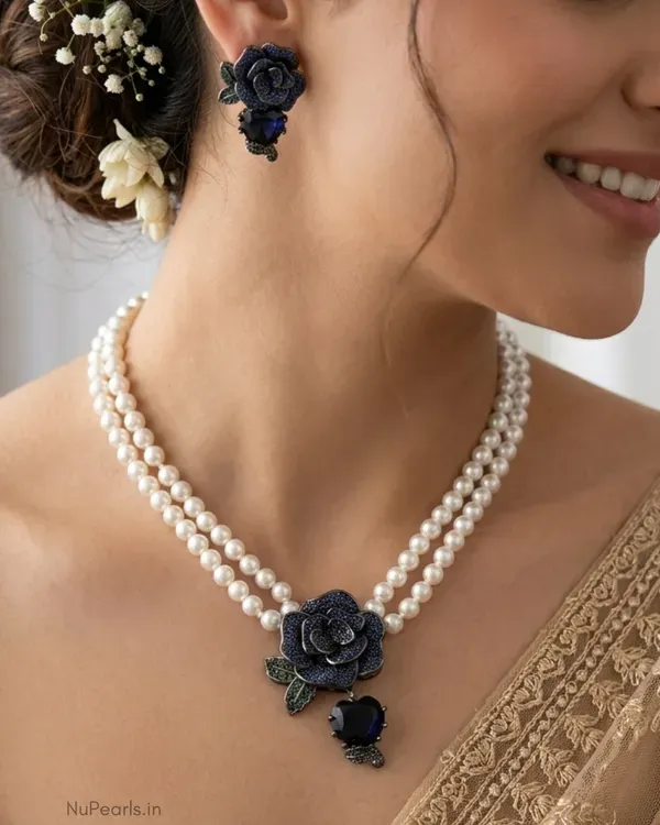 Blue_Rose_Pearl_Necklace_With_Ad_Back_Clasp_Matching_Earrings_Black_Poli