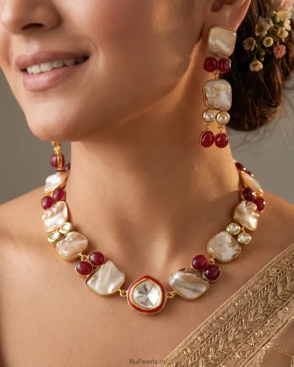 Ruby_Red_Moissanite_Mother_Of_Pearl_Choker_Zelzah_Handmade_18k_Gold_Plate