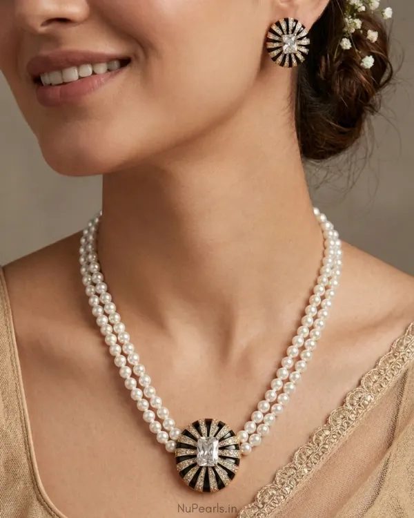 White_Black_Ad_Ida_Enamel_Pearl_Necklacewith_Ad_Back_Clasp_Matching_Earri
