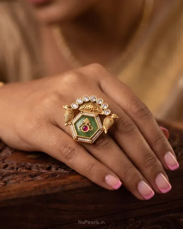 Sarika_Antique_Gold_Mint_Green_Stone_Temple_Style_Statement_Ring_Adjustabl_More