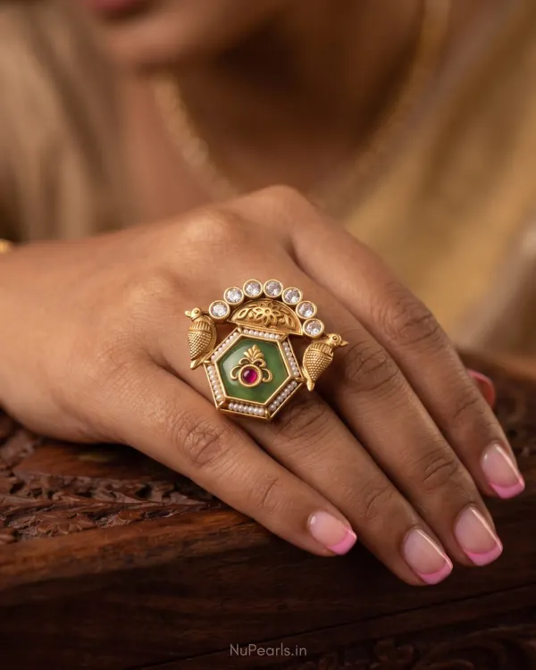 Sarika_Antique_Gold_Mint_Green_Stone_Temple_Style_Statement_Ring_Adjustabl_More