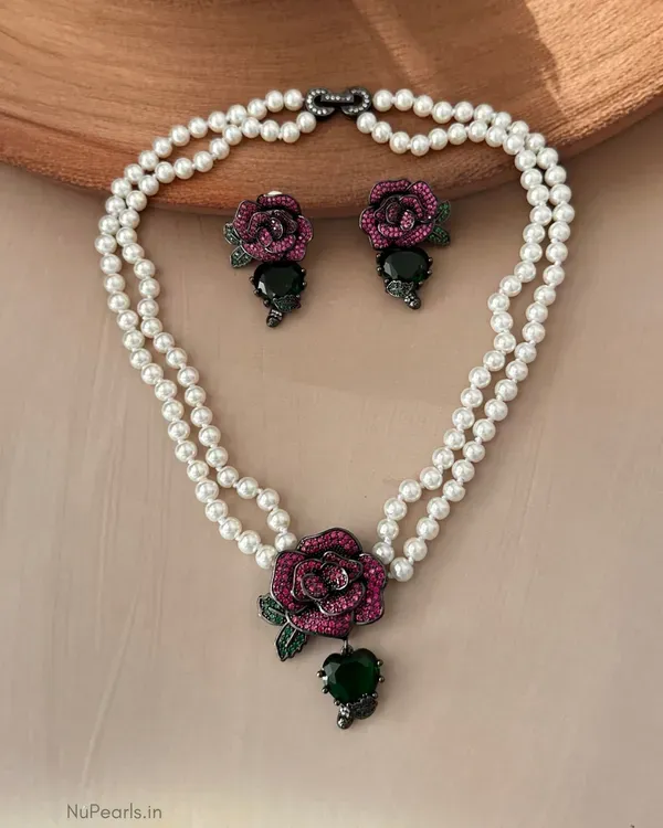 Rani_Pink_Green_Rose_Pearl_Necklace_With_Ad_Back_Clasp_Matching_Earrings_More