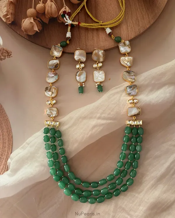 Green_Rangrez_3_Layered_Mother_Of_Pearl_Long_Necklace_Set_18k_Gold_Plated
