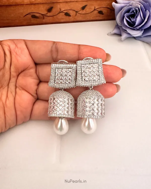 Silver_Remy_Princess_Cut_Cz_Jhumki_Earrings_With_Pearl_Rhodium_Plated