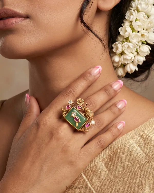 Saanvi_Antique_Gold_Mint_Green_Stone_Temple_Style_Statement_Ring_With_Eleph