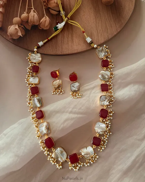 Handmade_Red_Roha_Mother_Of_Pearl_Agate_Long_Necklace_With_Pearl_Hanging