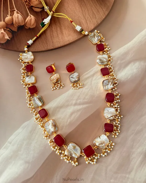 Handmade_Red_Roha_Mother_Of_Pearl_Agate_Long_Necklace_With_Pearl_Hanging
