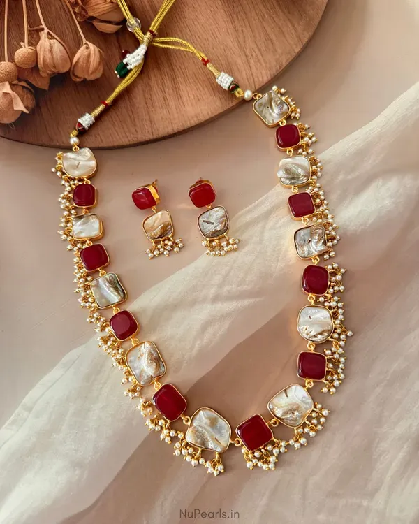 Handmade_Red_Roha_Mother_Of_Pearl_Agate_Long_Necklace_With_Pearl_Hanging