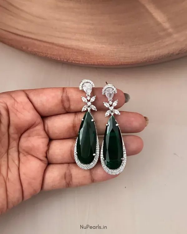 Dark_Green_Vera_Cz_Stone_Rhodium_Plated_Drop_Earrings