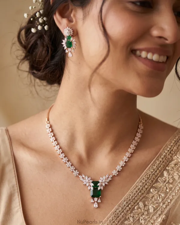 Green_Tara_Necklace_18k_Rose_Gold_Plated_American_Diamond_Jewellery_Set_Fo