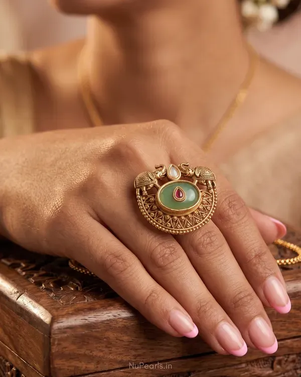 Chandra_Antique_Gold_Green_Stone_Temple_Style_Statement_Ring_With_Elephant_More